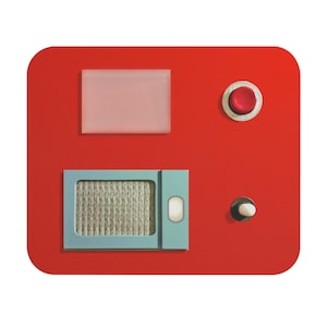 May include: A red rectangular panel with rounded corners features a light pink rectangle, a teal rectangle with a grey mesh, a red button, and a white and black knob. The design is minimalist and geometric.