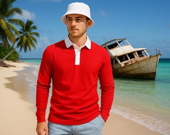 Castaway Costume Red and White Polo Shirt With Long Sleeves