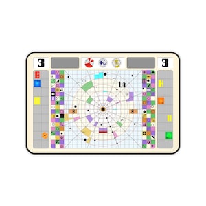 Puede incluir: Un juego de mesa rectangular con un borde color crema. El tablero presenta un patrón de cuadrícula con un diseño circular central. Varias formas y colores, incluyendo azul, verde y morado, están dispersos por el tablero. Los números "3", "9" y "8" son visibles.