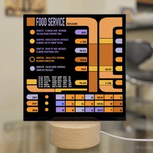 May include: A black and orange Star Trek food service replicator panel with a white background. The panel has a list of food items with their corresponding identification numbers and nutritional information. The panel is lit up with a white light.