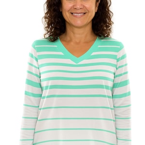 Women's V-Neck Shirt - Bronx Beat - Striped White and Turquoise Blouse Top Costume Jodi