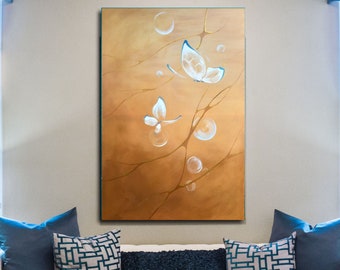 Effortless Dance of White Butterflies. Original Contemporary Abstract Large Oil Artwork with Neurographic Gold Accents on Canvas 27x39inch