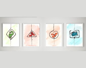 Levendige geometrische vormencollectie. Set van 4 originele hedendaagse abstracte aquarel handgeschilderde kunstwerken. 6x8 inch