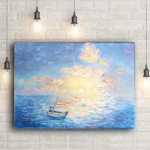 Impressionist Seascape Oil Painting 20x28&quot; – Thick Impasto Texture, Nautical Wall Art for Living Room, Original Canvas, Free Shipping