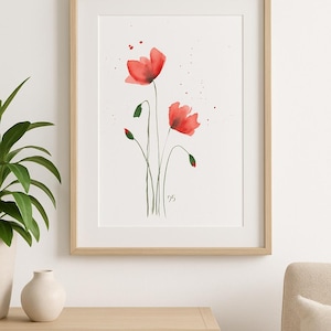 Minimalist Red Poppies Watercolor Print – Botanical Wall Art, Floral Poster, Modern Nature Illustration