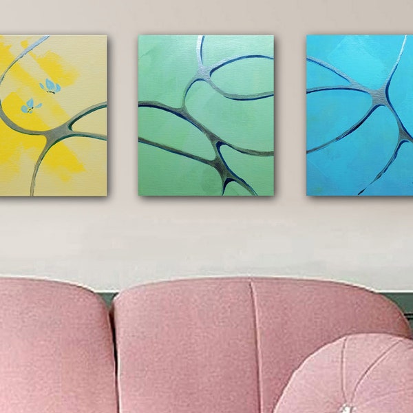 Triptyque Petites peintures acryliques modernes originales avec lignes neurographiques jaunes vertes bleues