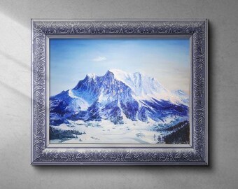 Pintura al óleo de montaña invernal con técnica impasto: Zugspice inolvidable, paisaje alpino nevado, 81 x 61 cm (32 x 24 pulgadas)