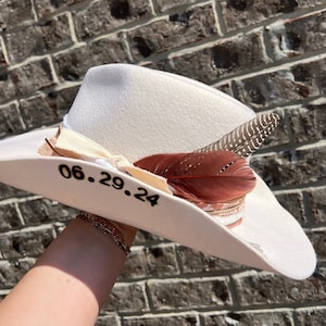 Wedding Date Hat, Bridal Hat, Wedding Reception Hat, Custom Bride Hat, Burned Hat, White Hat, Bachelorette Hat, Wedding Gift, Gift For Her