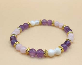 Bracciale in pietra naturale ametista-madreperla-quarzo rosa