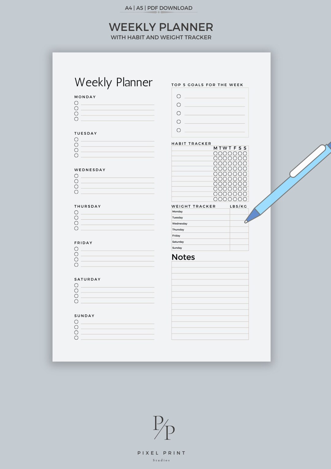 Weekly Planner Printable Printable Weekly Task List Habit and Weight ...