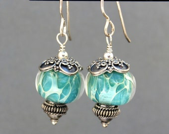 Lampwork Earrings, Glass Earrings, Sterling Silver Earrings, Dangle Earrings, Turquoise Earrings