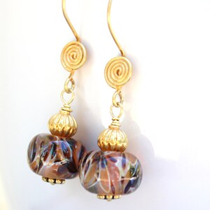 Gold Lampwork Earrings - 24 K Gold Vermeil - Tan & Brown, Gold Boro Earrings