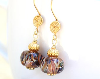 Gold Lampwork Earrings - 24 K Gold Vermeil - Tan & Brown, Gold Boro Earrings