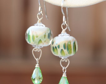 Lampwork Earrings - White and Spring Green Boro Earrings and Swarovski Crystal Earrings