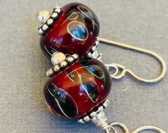 Lampwork Earrings, Glass Earrings, Sterling Silver Earrings, Dangle Earrings, Boro Earrings, Red and Ghost Black Spot Earrings