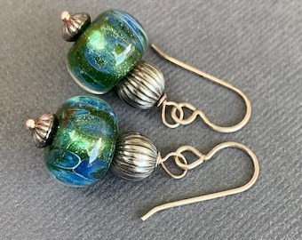 Lampwork Earrings, Glass Earrings, Sterling Silver Earrings, Dangle Earrings, Ghost Blue Shimmer Green Earrings