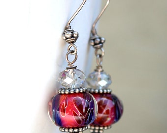 Lampwork Earrings, Glass Earrings, Sterling Silver Earrings, Dangle Earrings, Dark Pink, Swarovski Earrings