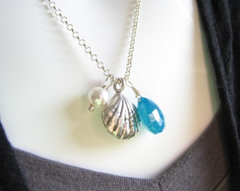 Sea Shell Necklace - Free Shipping, Blue Chalcedony, White Pearl and Sterling silver