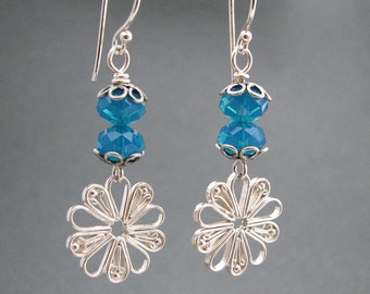 Sterling Daisy and Caribbean Blue Rondelle Earrings