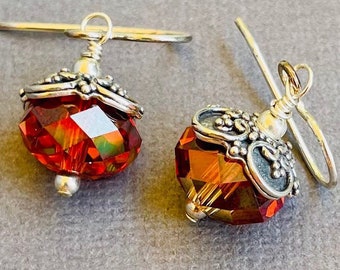 Sterling Silver Earrings, Dangle Earrings, Magma RedEarrings, Bali Earrings, Swarovski Earrings