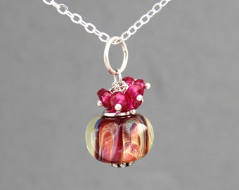 Sterling Silver Necklace, Pink Lampwork Necklace, Ruby Necklace