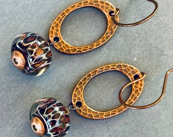 Hammered Copper Borosilicate Glass Lampwork Earrings, Copper Drop Earrings, Earth Tone Copper Earrings