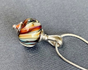 Pendant Necklace - Lampwork Necklace -  Multicolor Swirl Handmade Boro Bead Necklace Sterling Plated Chain