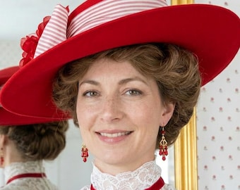 Edwardian Red Wool Tea Hat: Antique Style, Titanic Era