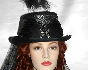 Black Felt Top Hat with Feathers, Rhinestone Spider & Veil - Gothic Glamour