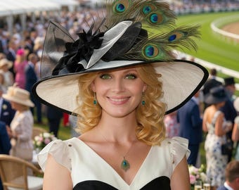 Edwardian Sinamay Tea Hat: Vintage Silk Roses & Peacock Feathers