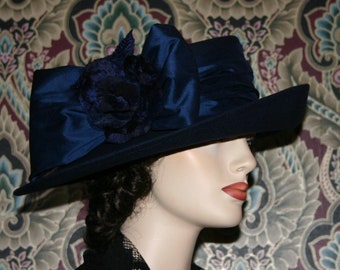 Edwardian Navy Blue Tea Party Hat: Vintage Velvet Rose - Lady Olivia