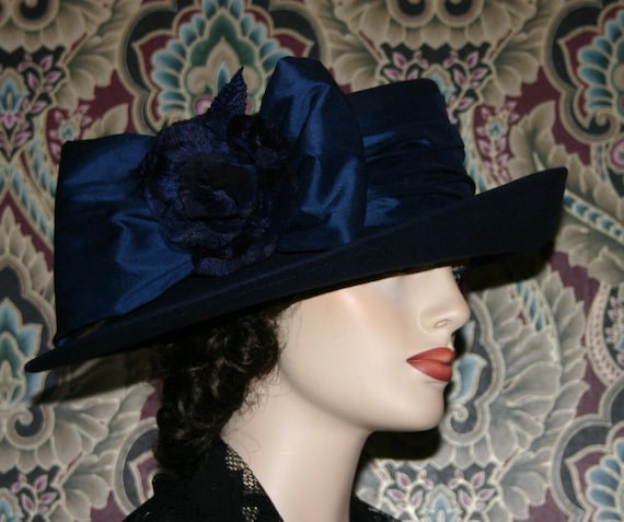 Edwardian Navy Blue Tea Party Hat: Vintage Velvet Rose  display picture 1