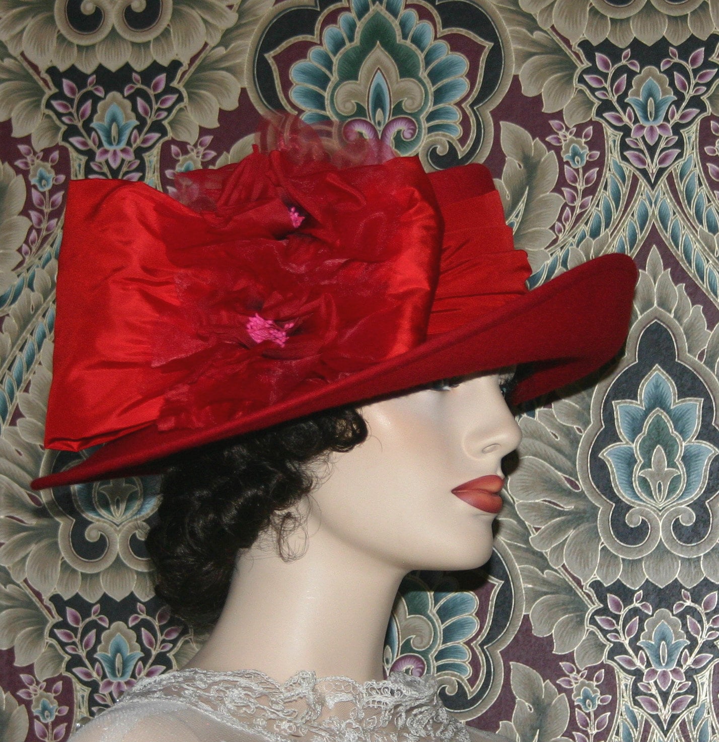 Red Wool Felt Derby Hat: Handmade Edwardian Tea Party Ascot Hat - Lady Olivia, image size:1428x1474
