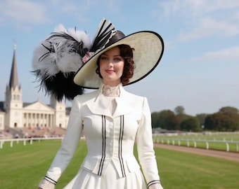 Edwardian Kentucky Derby Hat: Wide Brim Sinamay Hat with Ostrich Feathers