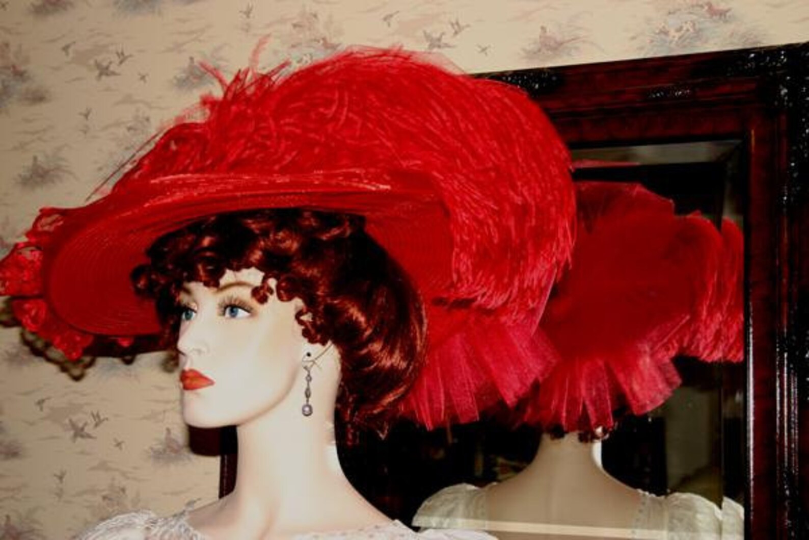 Women's Edwardian Tea Party Hat Wide Brim Red Titanic Hat Garden Party