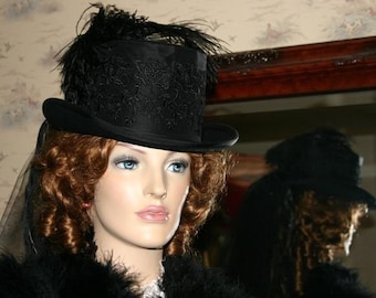 Victorian Hat, Edwardian Hat, Riding Hat, Steampunk Hat, Mourning Hat, SASS Hat, Women's Black Top Hat with 2T Veil, Fashion Hat - Victoria
