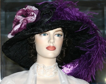 Kentucky Derby Hat Ascot Edwardian Tea Party Hat Titanic Hat Somewhere Time Hat Women's Wide Brim Hat Black & Eggplant Hat - Lady Alexia