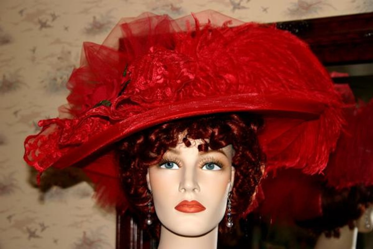 Women's Edwardian Tea Party Hat Wide Brim Red Titanic Hat Garden Party