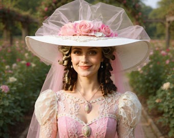 May include: A woman wearing a white hat with pink roses and a pink veil. She is wearing a pink dress with lace sleeves and a matching necklace. The background is a rose garden.