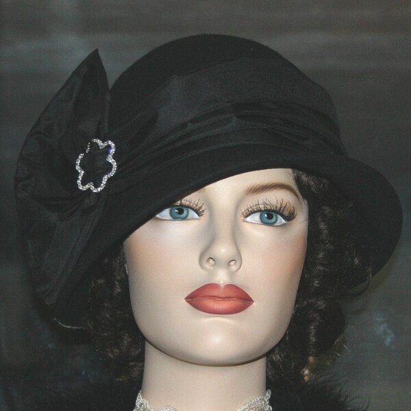 Wool Flapper Cloche Hat: Black Silk Bow, Rhinestone Buckle Handmade - Lady Josephine