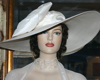 Ivory Kentucky Derby Hat: Edwardian Wide Brim Straw Hat with Silk BowTitanic