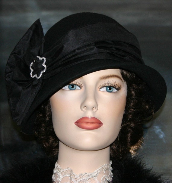 Wool Flapper Cloche Hat: Black Silk Bow, Rhinestone Buckle 