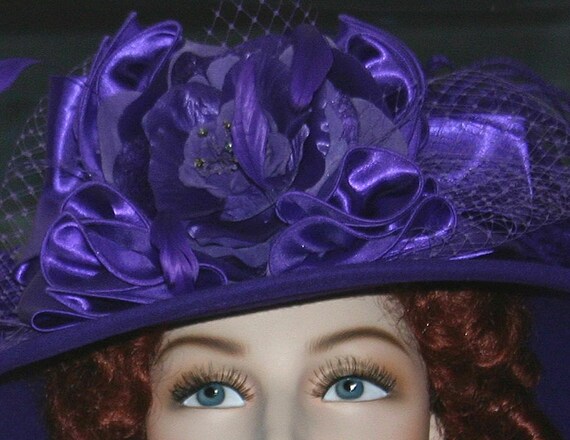 Edwardian Tea Party Hat: Purple Wool, Silk Flower & Ostrich  display picture 2
