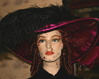 Kentucky Derby Hat: Handmade Edwardian Style Feathered Hat with Veil - China Doll (SPECIAL ORDER)