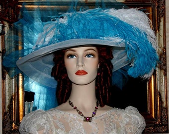 Victorian Tea Party Hat: Turquoise Feathered Derby, Embroidered Organza