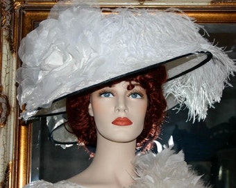 Kentucky Derby Hat Edwardian Hat Downton Abbey Hat, Titanic Hat  "Kentucky Morning" White and Black Ascot Hat