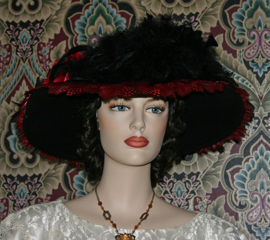 Edwardian Tea Party Hat Black Red Feather Hat Handmade Womens Fashion