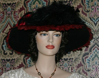 Edwardian Tea Party Hat Black Red Feather Hat Handmade Womens Fashion - Lady Lanna- designed for lady's Victorian and Edwardian events