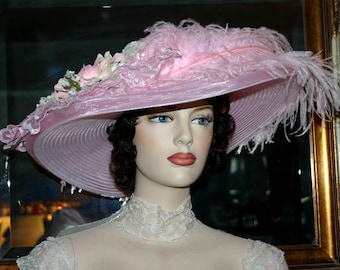 Edwardian Hat, Kentucky Derby Hat, Ascot Hat, Tea Party Hat, Titanic Hat, Somewhere Time Hat, Downton Abbey Hat - Pink Roses Crystal Fairy
