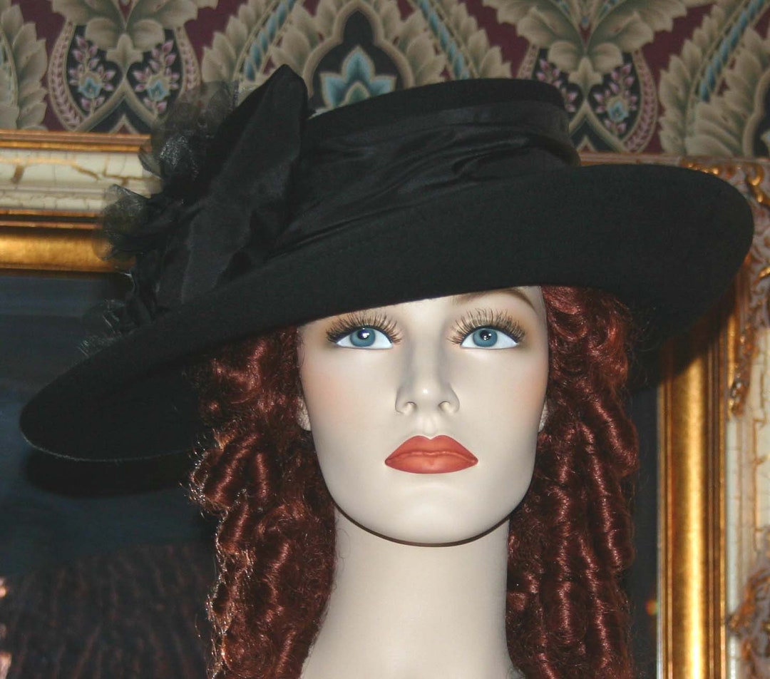 Edwardian Tea Party Hat Womens Black Fashion Hat Handmade Wool Felt